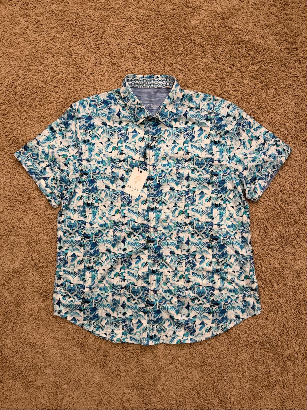 NEW Robert Graham Snyder Short Sleeve Geometric Blue Button-Down Men Shirt 2XL